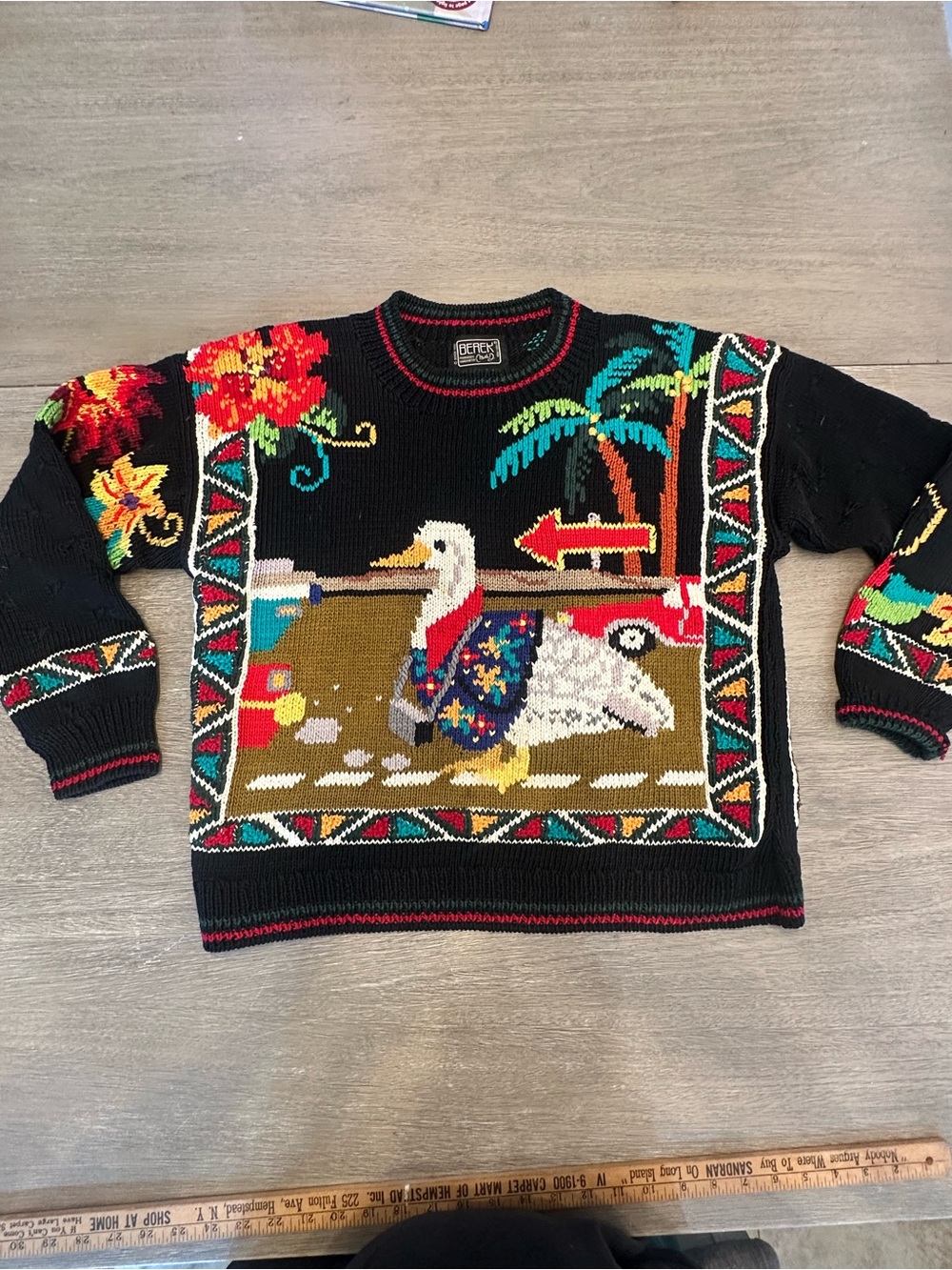 berek Black Novelty Duck Crewneck Sweater with Tropical Motif